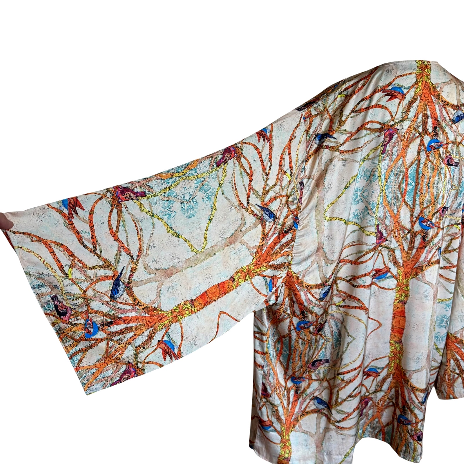 Chic Le Frique Satin Kimono Wrap Top Shorts Set Bird Print Resort Lounge S/M — image 6 of 8